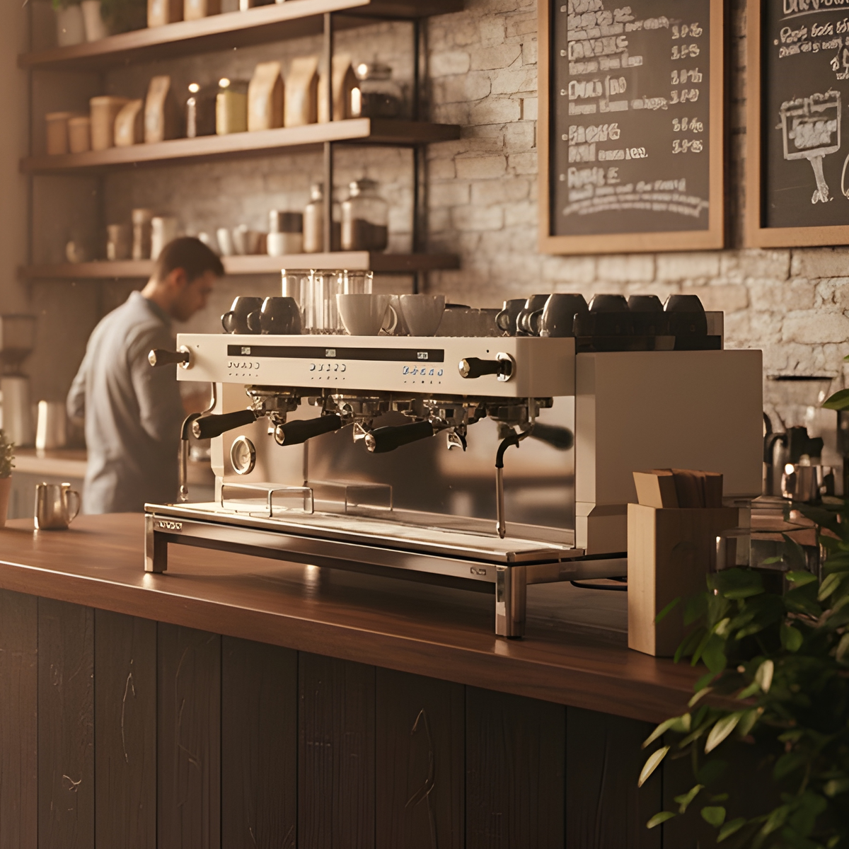 Coffee machine on a wooden counter in a coffee shop with shelves and a chalkboard menu in the background.