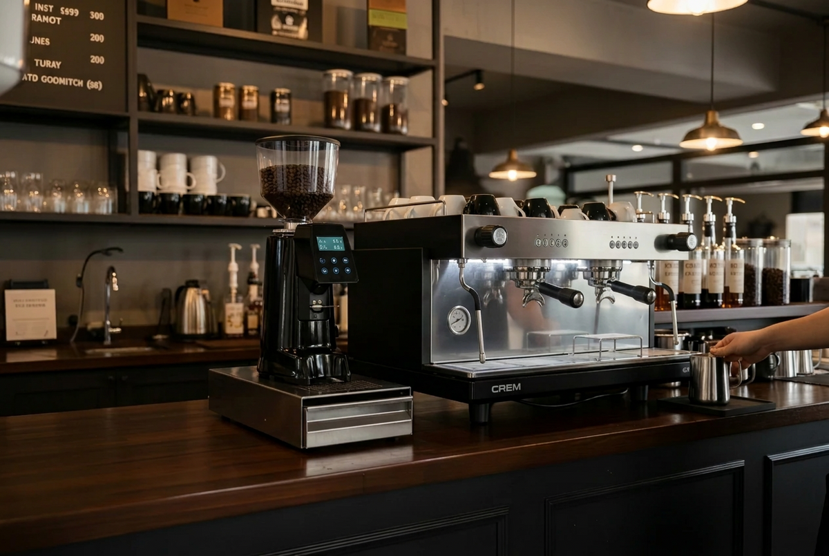 Coffee machine on a bar with shelves in the background